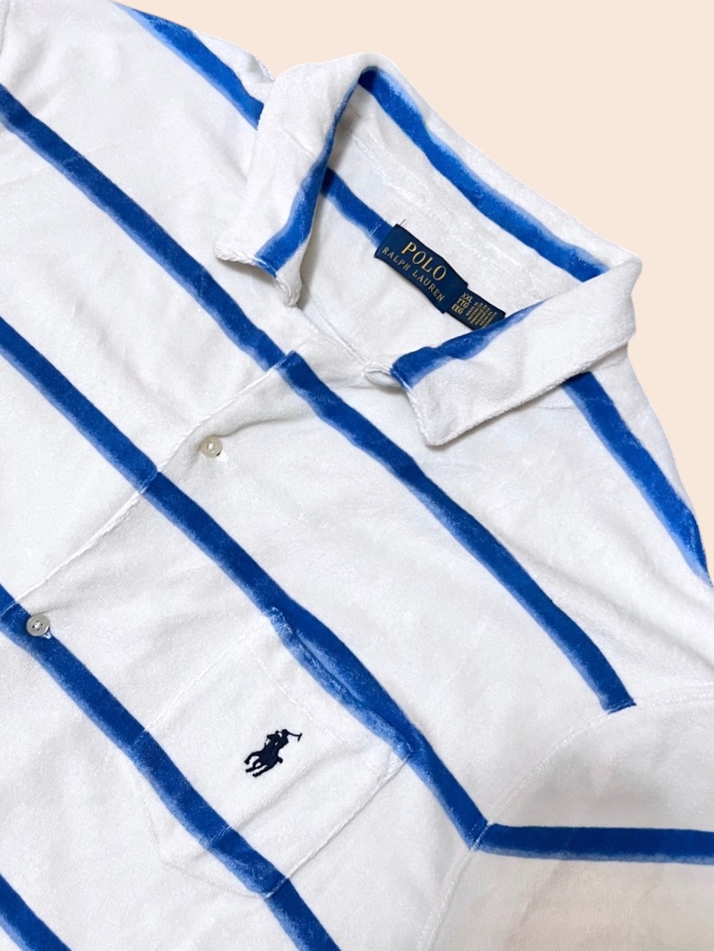 Polo Ralph Lauren Terry Cloth Button Up Shirt Men's XXL Blue Stripe Beach Camp